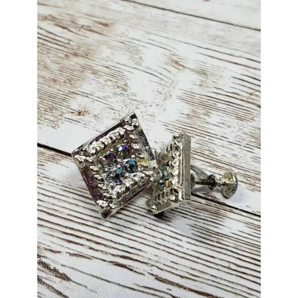 Vintage Screw On Earrings Silver Tone Diamond Shaped Dark Iridescent Stones